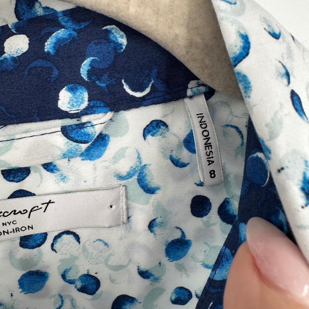 Foxcroft Non-Iron Cotton Shirt Dress Blue White Abstract Dot Belt Size 8 Career - Picture 5 of 10